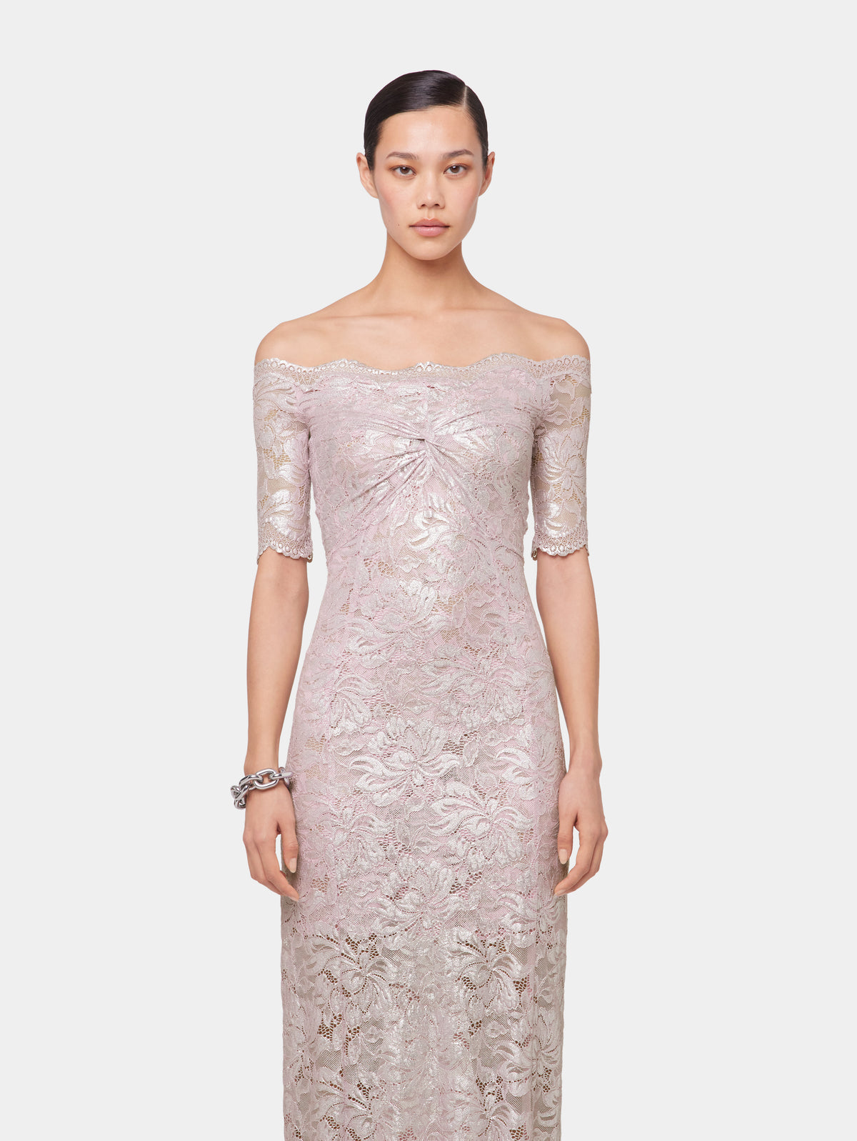 PINK LONG DRESS IN LACE WITH SILVER INDUCTION position 3