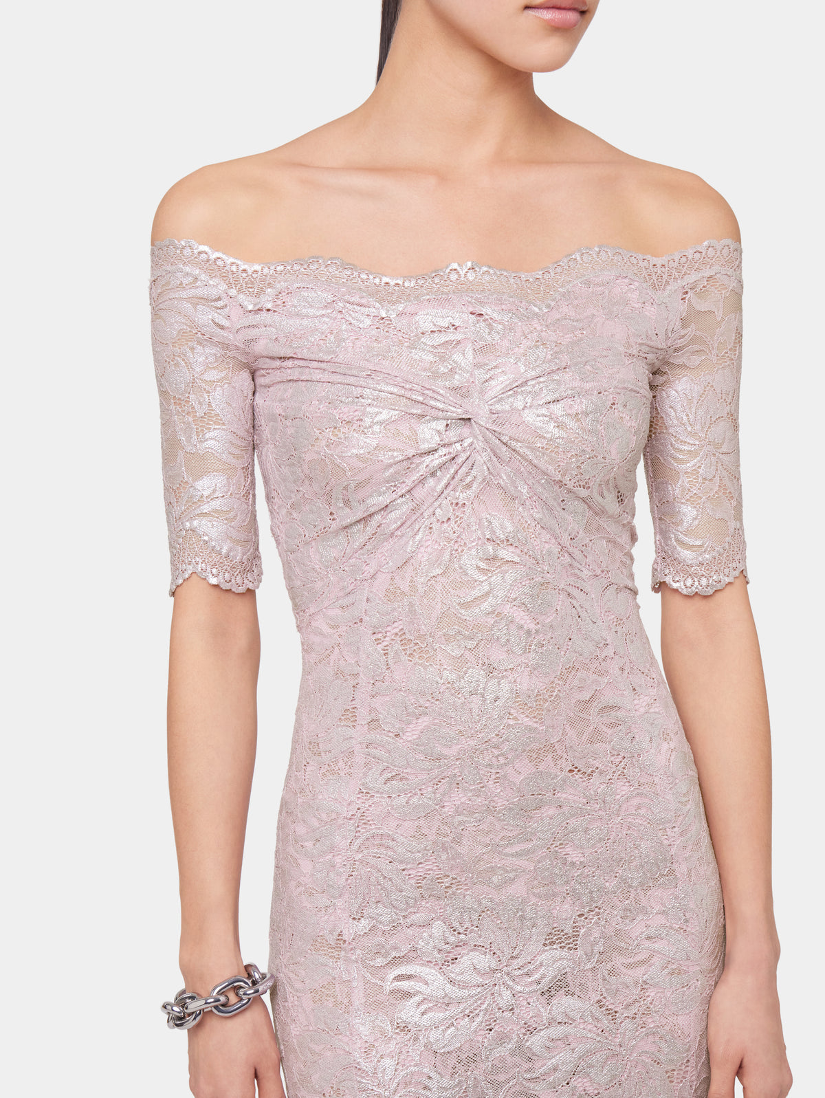 PINK LONG DRESS IN LACE WITH SILVER INDUCTION position 4