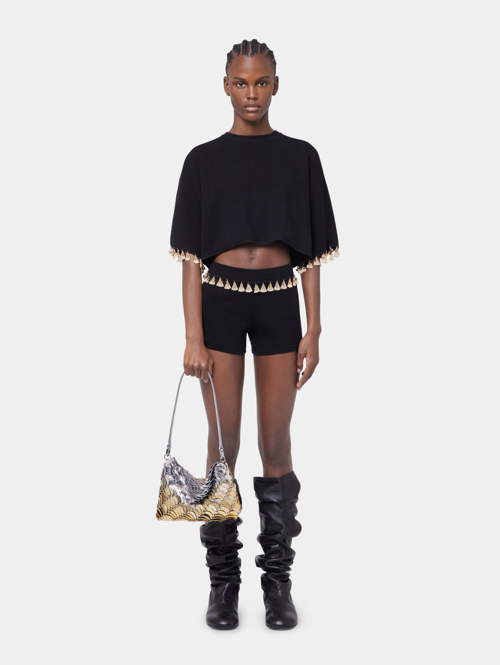 BLACK MINI SHORTS IN COTTON AND SILK KNIT position 2 - Image 2