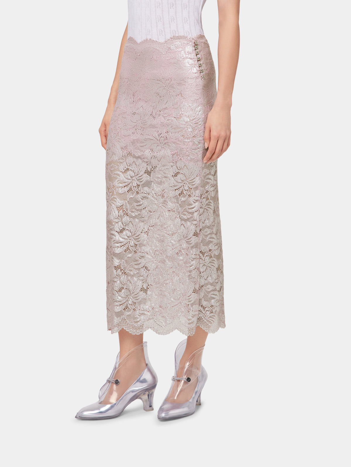 LIGHT PINK LONG SKIRT IN LACE WITH SILVER INDUCTION position 5