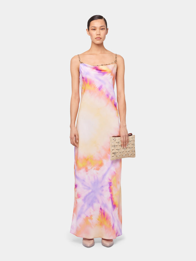 ORANGE TIE-DYE LONG DRESS IN PRINTED SATIN