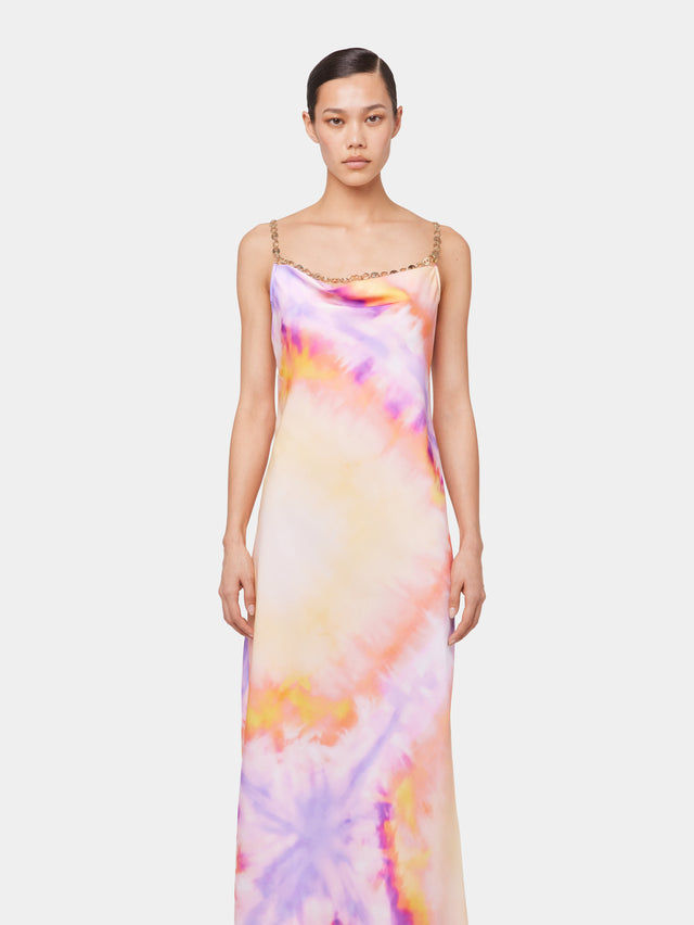 ORANGE TIE-DYE LONG DRESS IN PRINTED SATIN