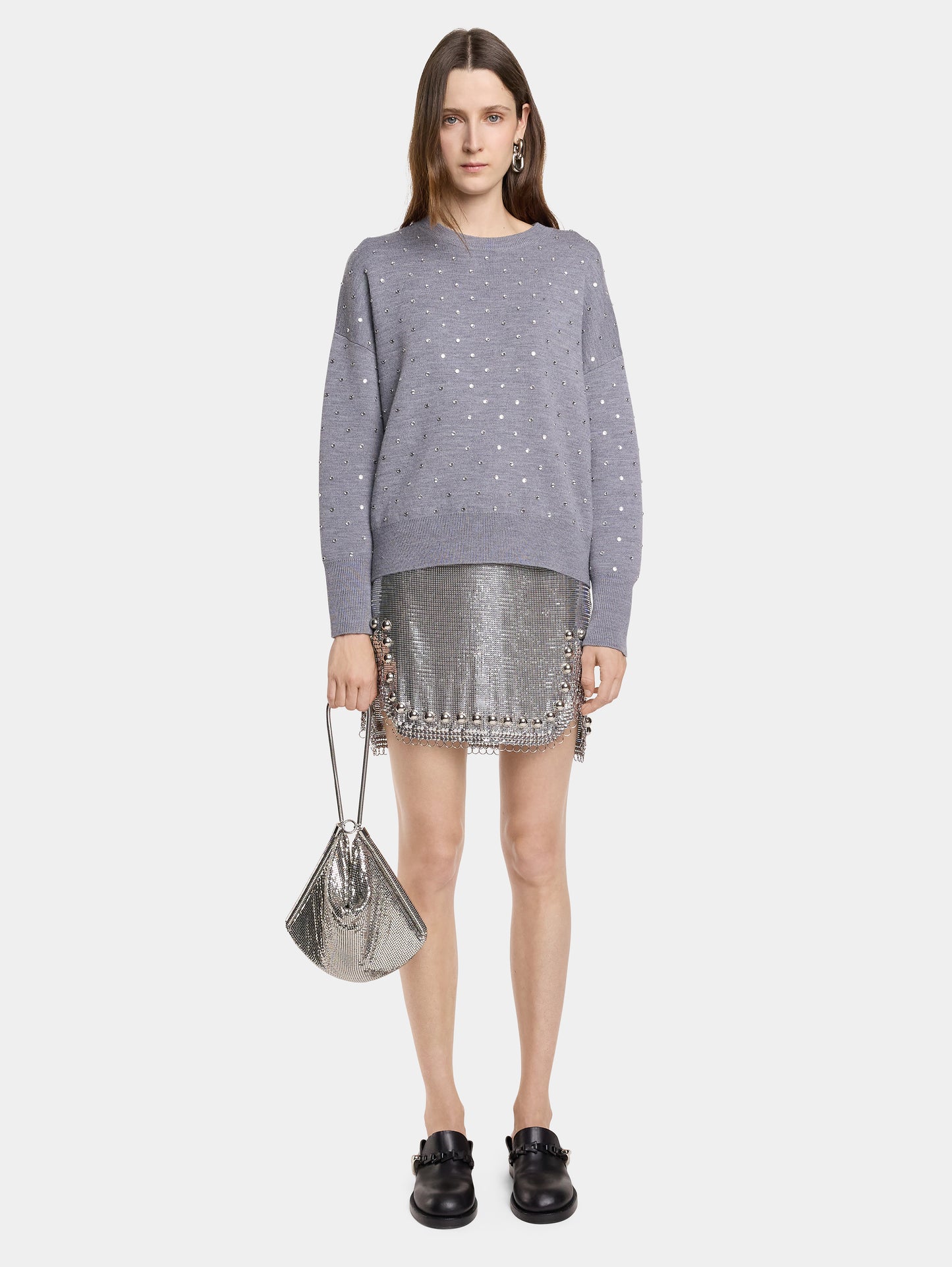 Grey crystal-embellished sweater in wool