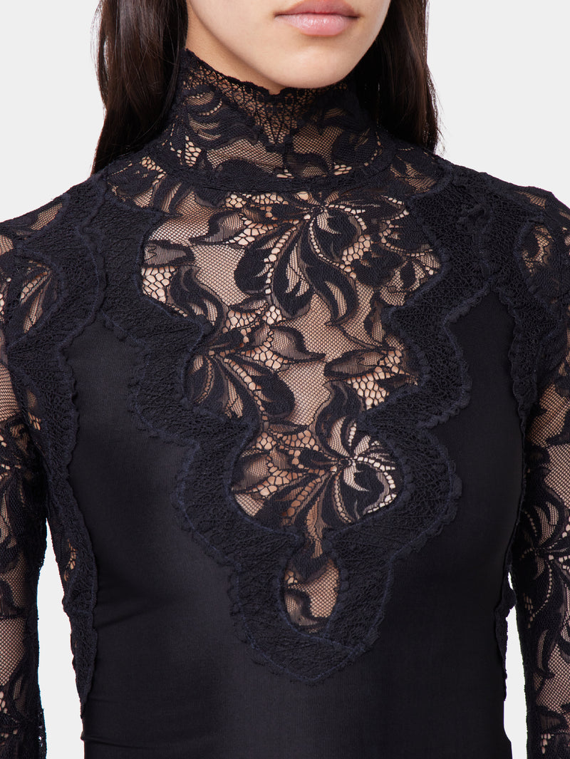 BLACK LONG SLEEVE TOP IN LACE AND JERSEY