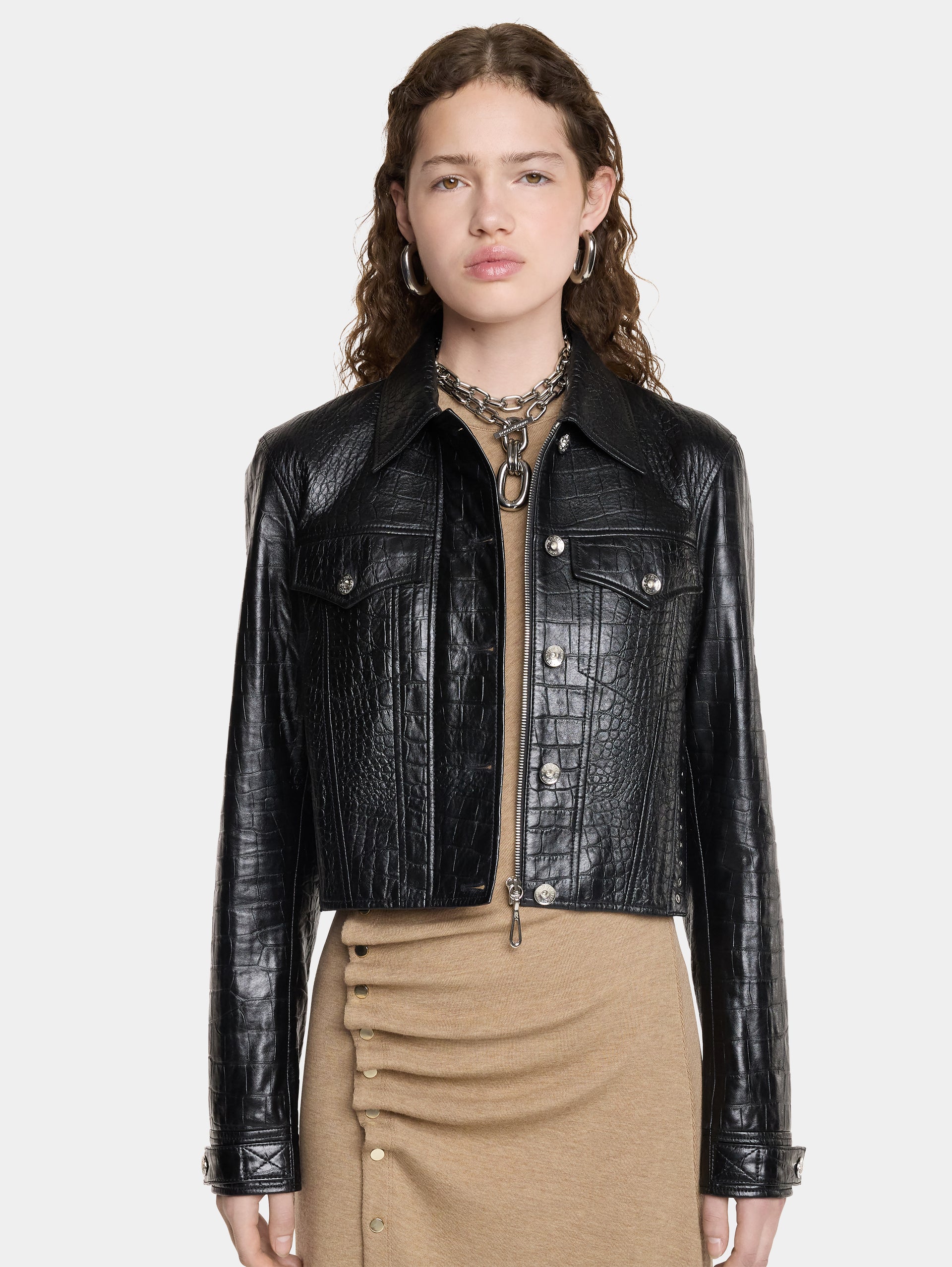 CROPPED JACKET IN CROCO-EMBOSSED LEATHER