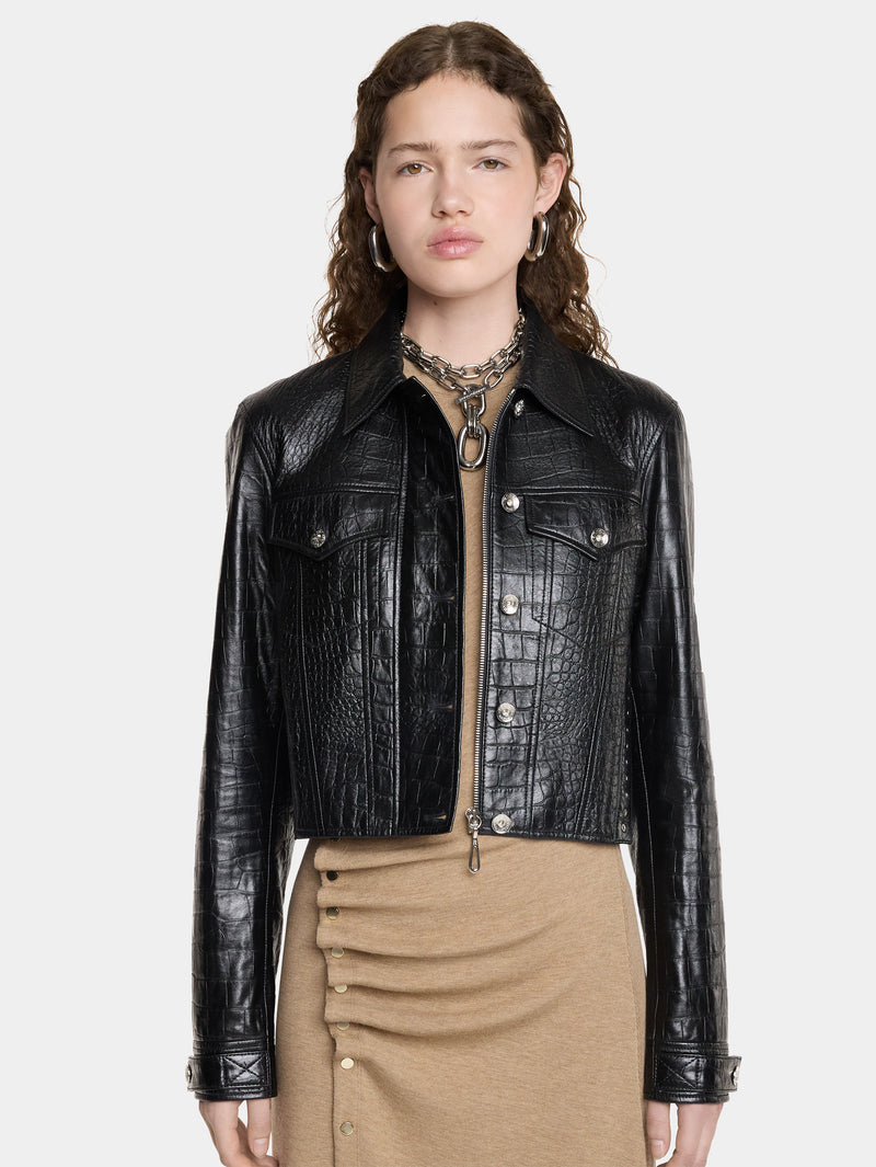 CROPPED JACKET IN CROCO-EMBOSSED LEATHER