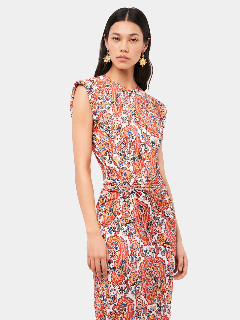 Paisley printed draped dress with signature piercing