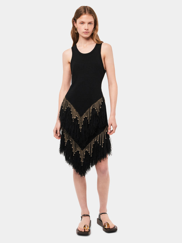 Black woven skirt with knitted beads and feathers