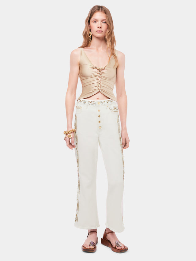 Drapped raffia colored top with metallic details
