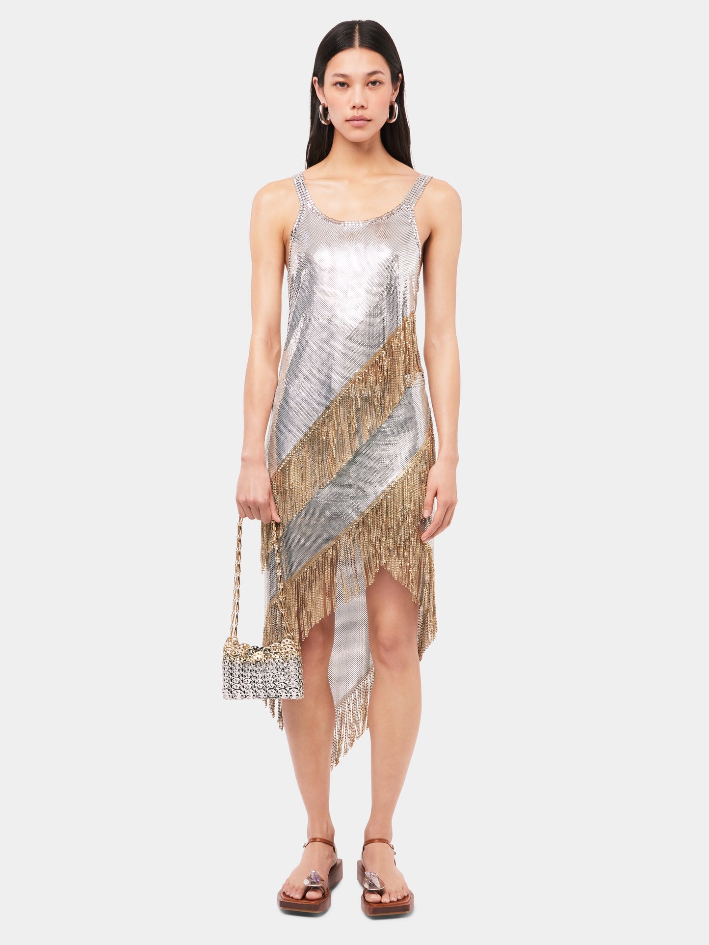 Asymetrical chainmail top with golden metallic fringes