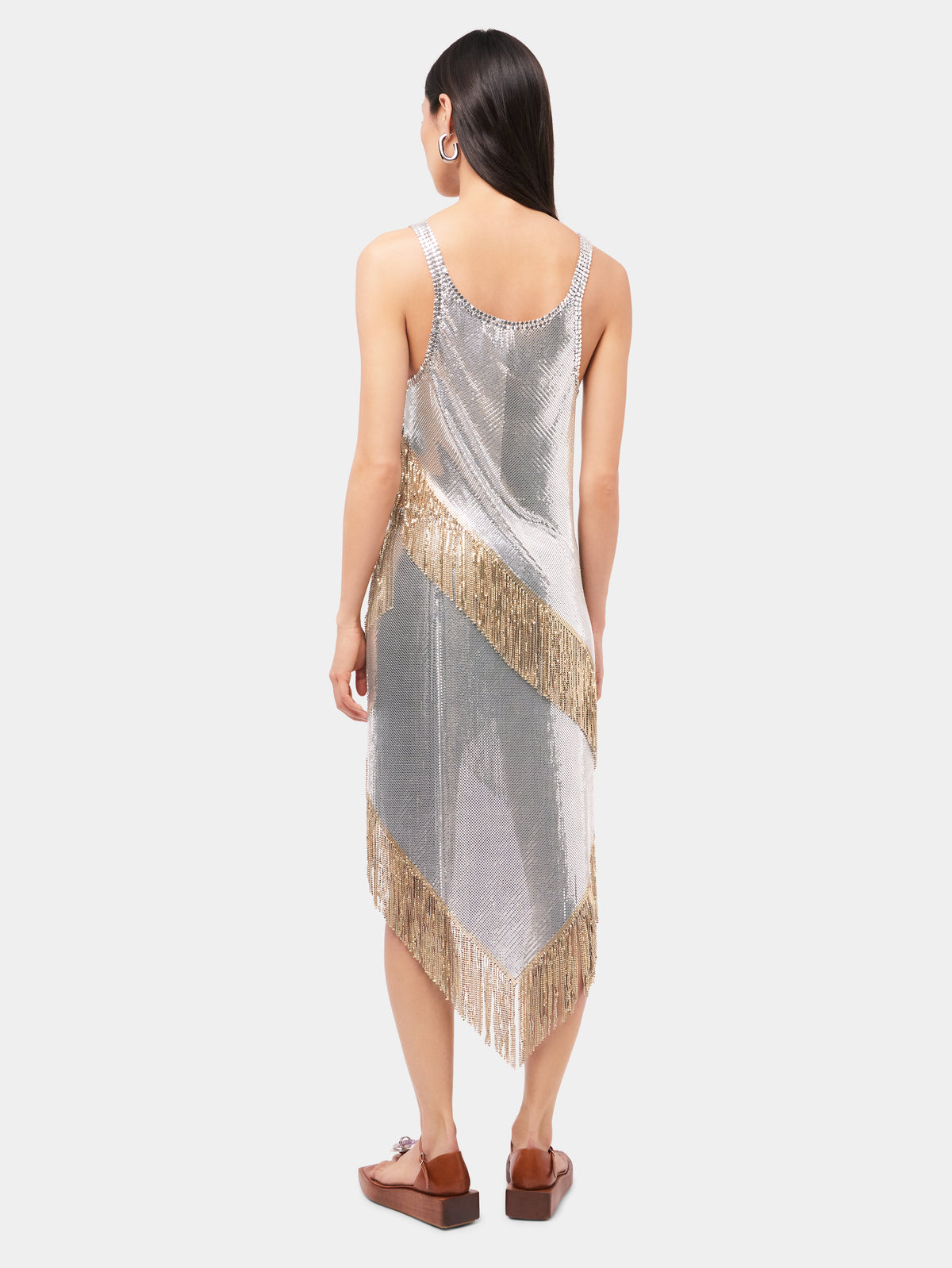 Asymetrical chainmail top with golden metallic fringes