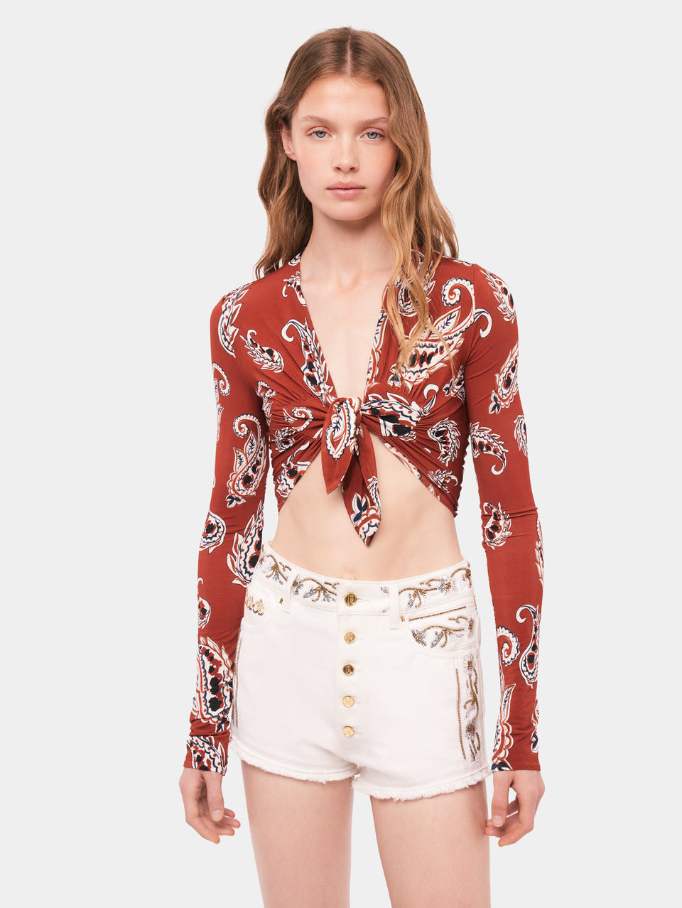 Crop top motif paisley à manches longues