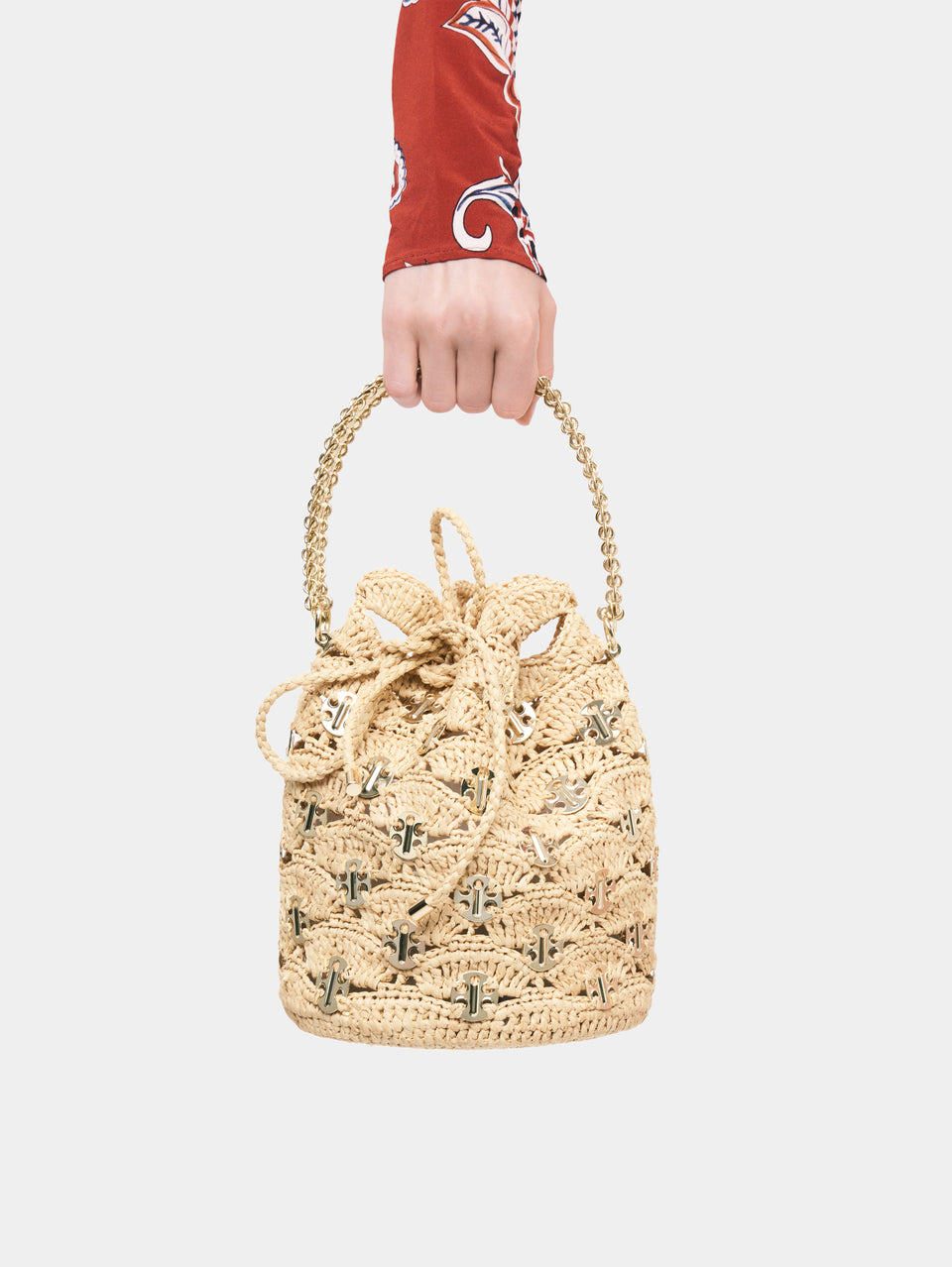 New Raphia wave bucket bag with signature 1969 discs