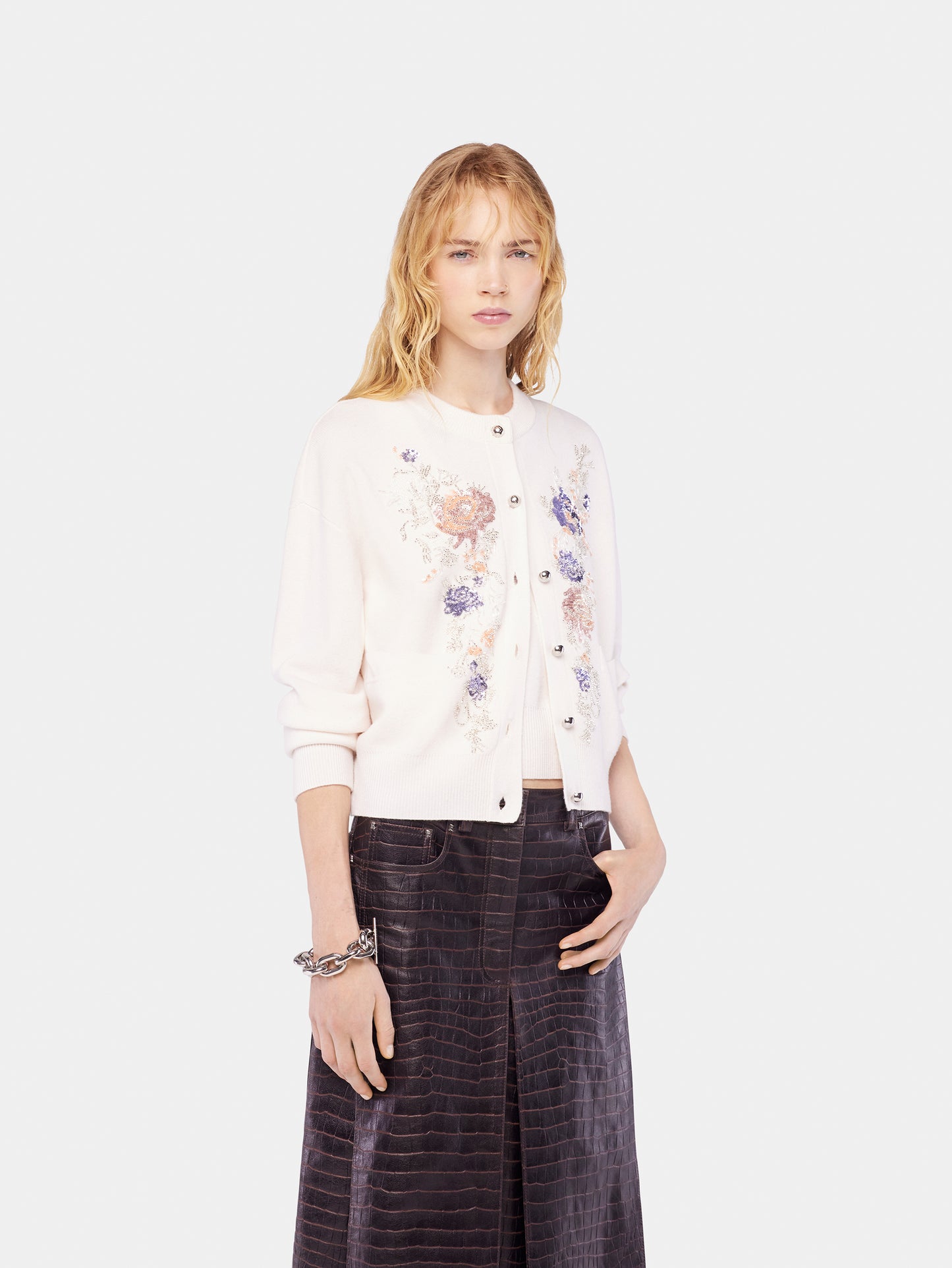 Embroidered wool cardigan