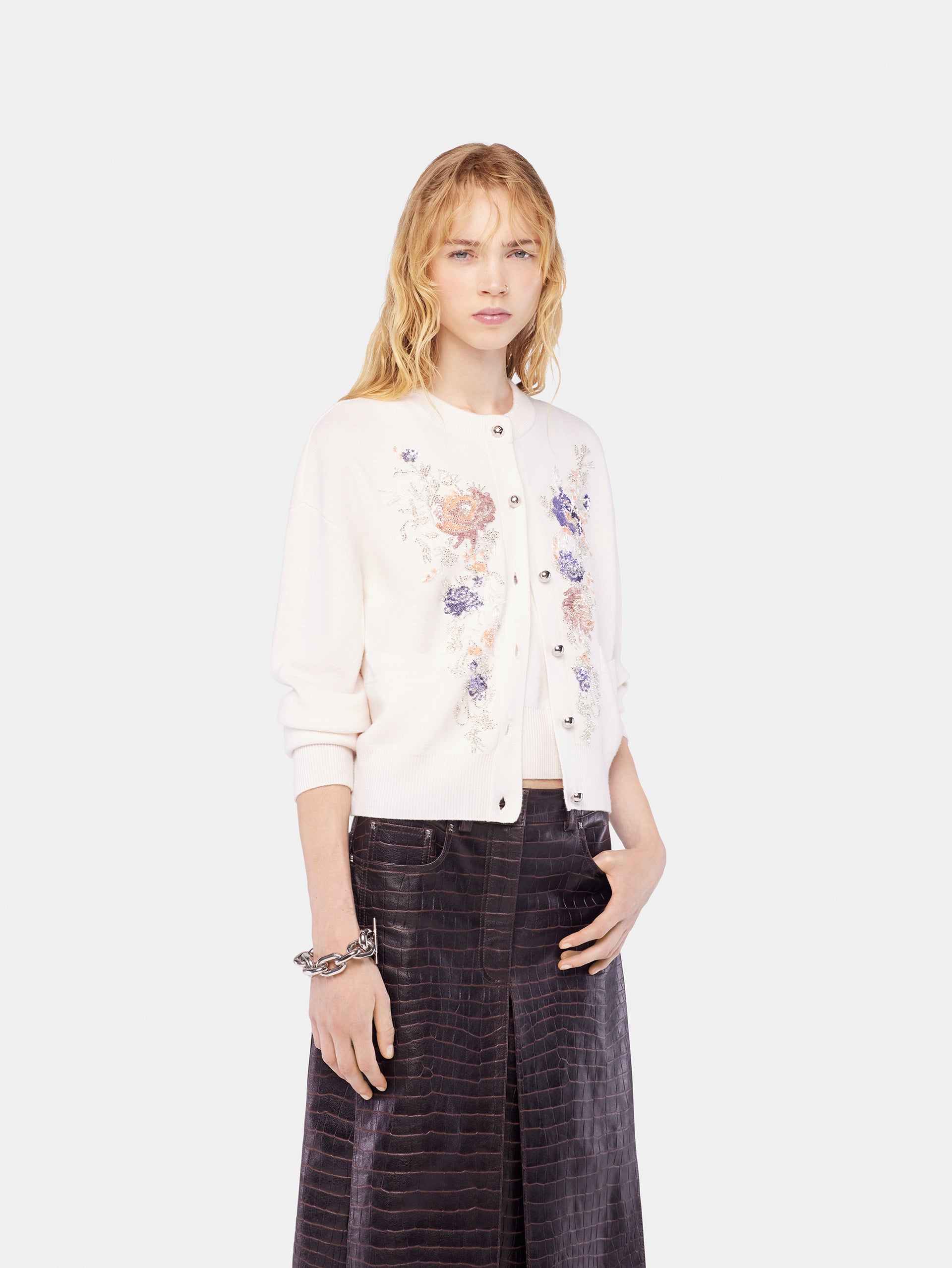 Embroidered wool cardigan