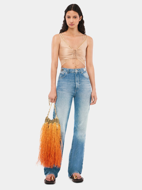 Raffia colored crop top with embroidered metallic eyelets