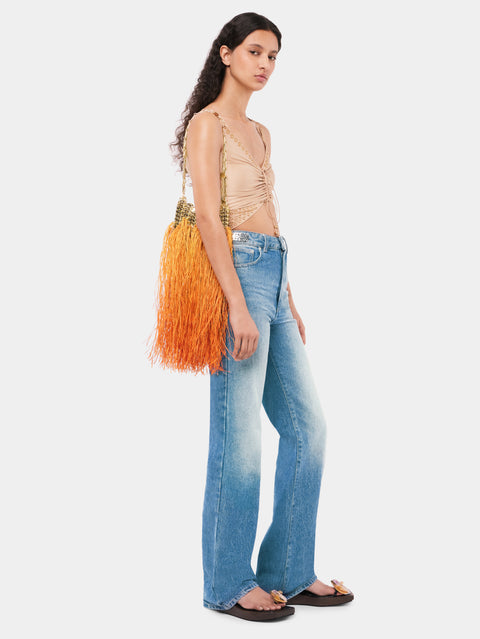 Iconic gold 1969 nano bag hand crafted with raffia fringes