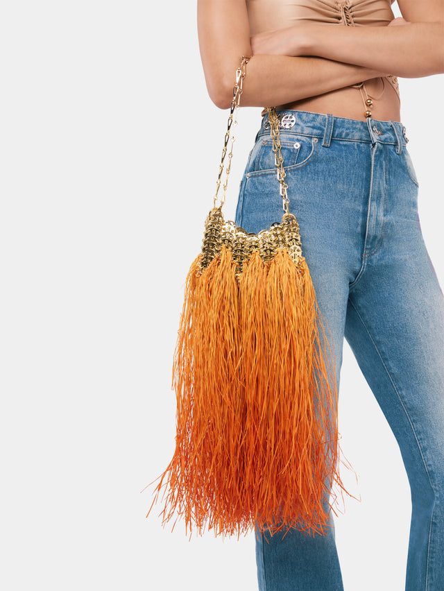 Iconic gold 1969 nano bag hand crafted with raffia fringes
