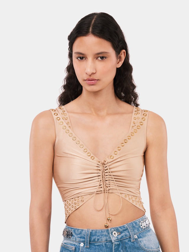 Raffia colored crop top with embroidered metallic eyelets