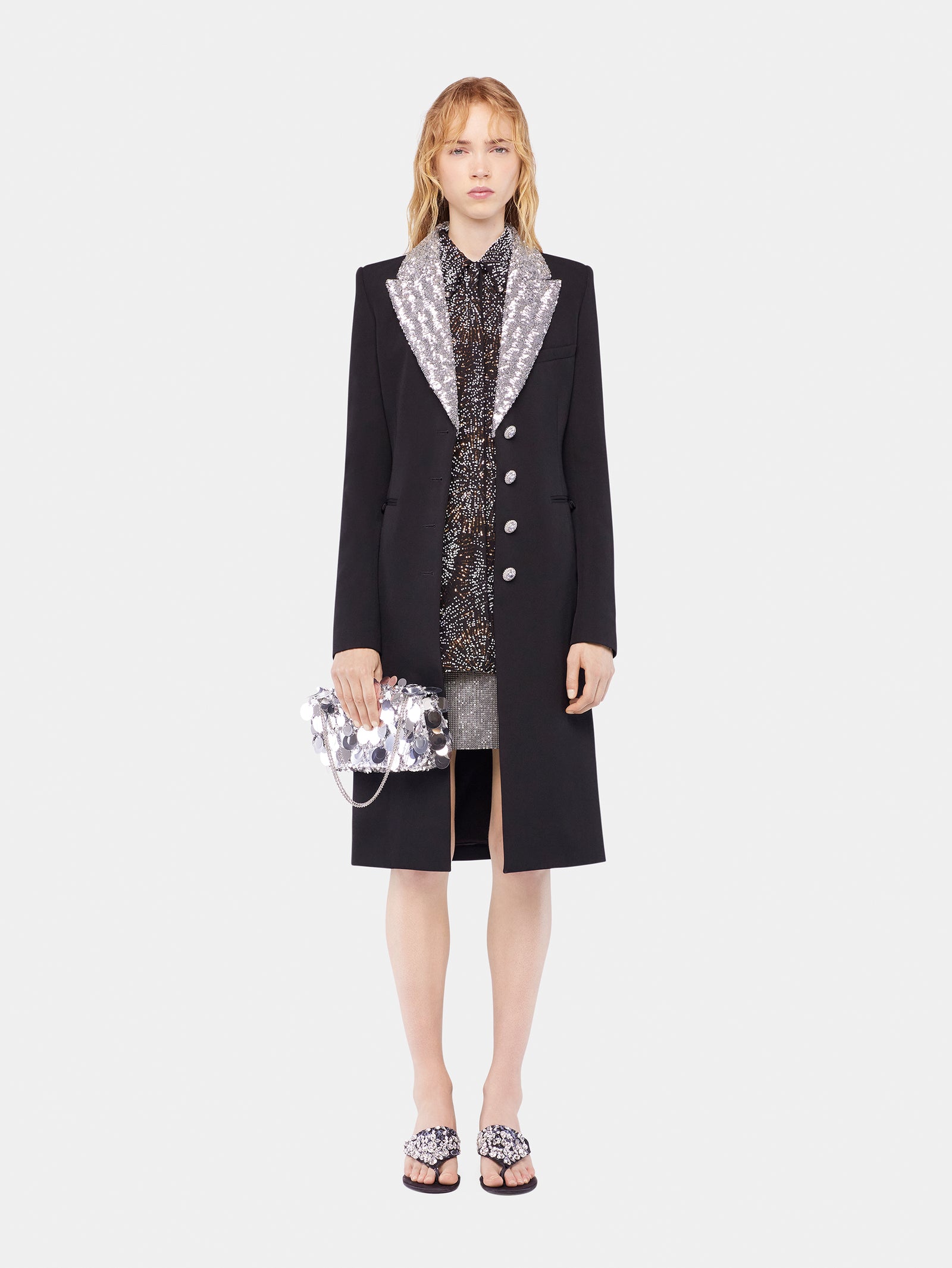 Long wool coat with sequin collar position 2 - Image 2
