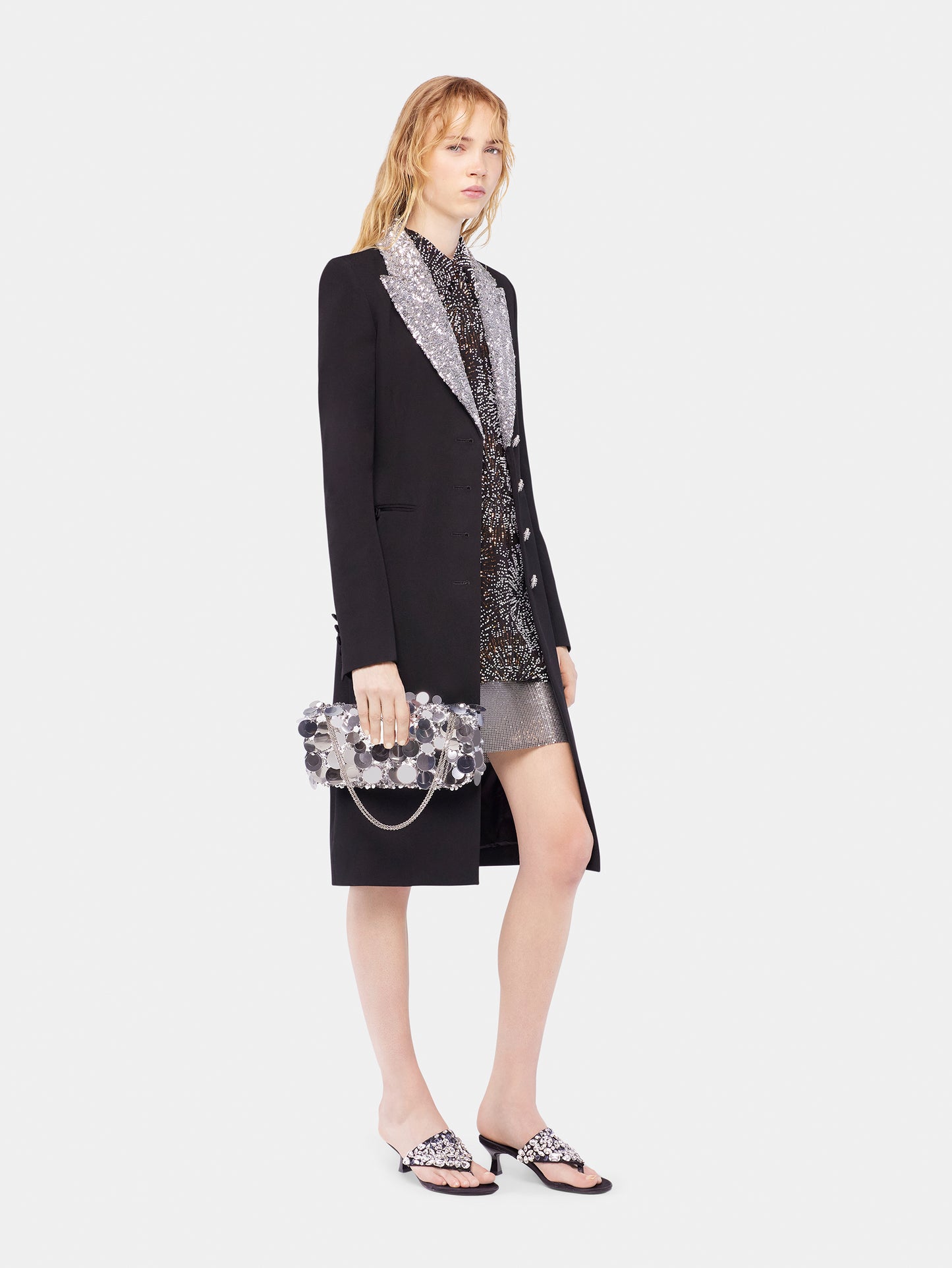 Long wool coat with sequin collar