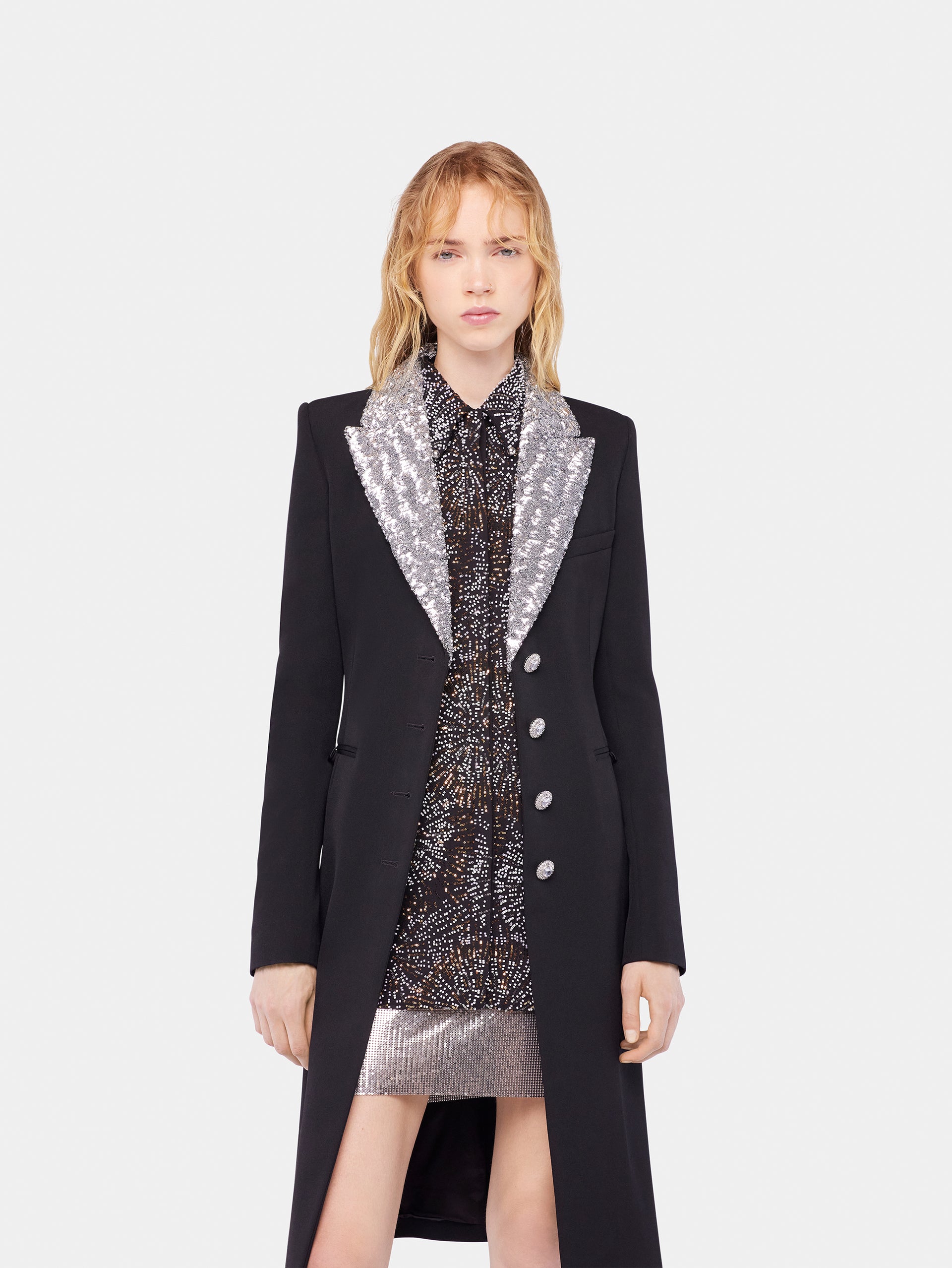 Long wool coat with sequin collar