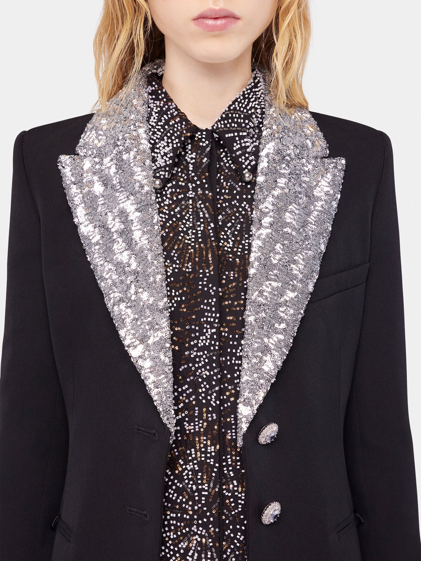 Long wool coat with sequin collar