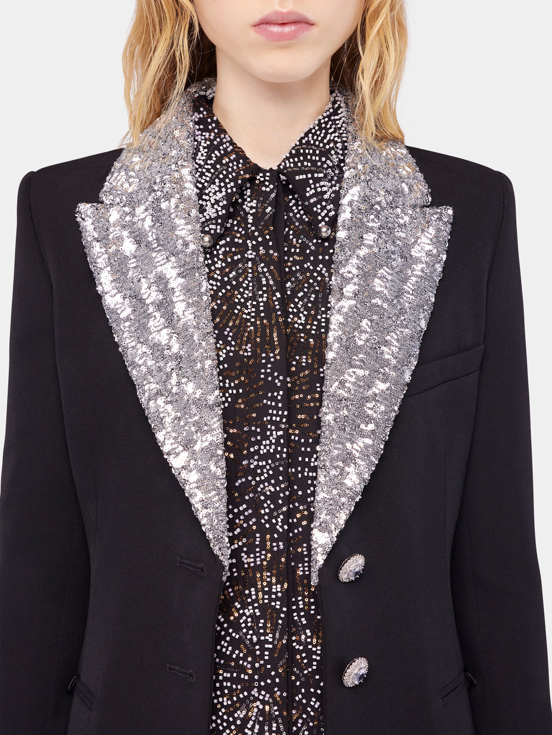 Long wool coat with sequin collar