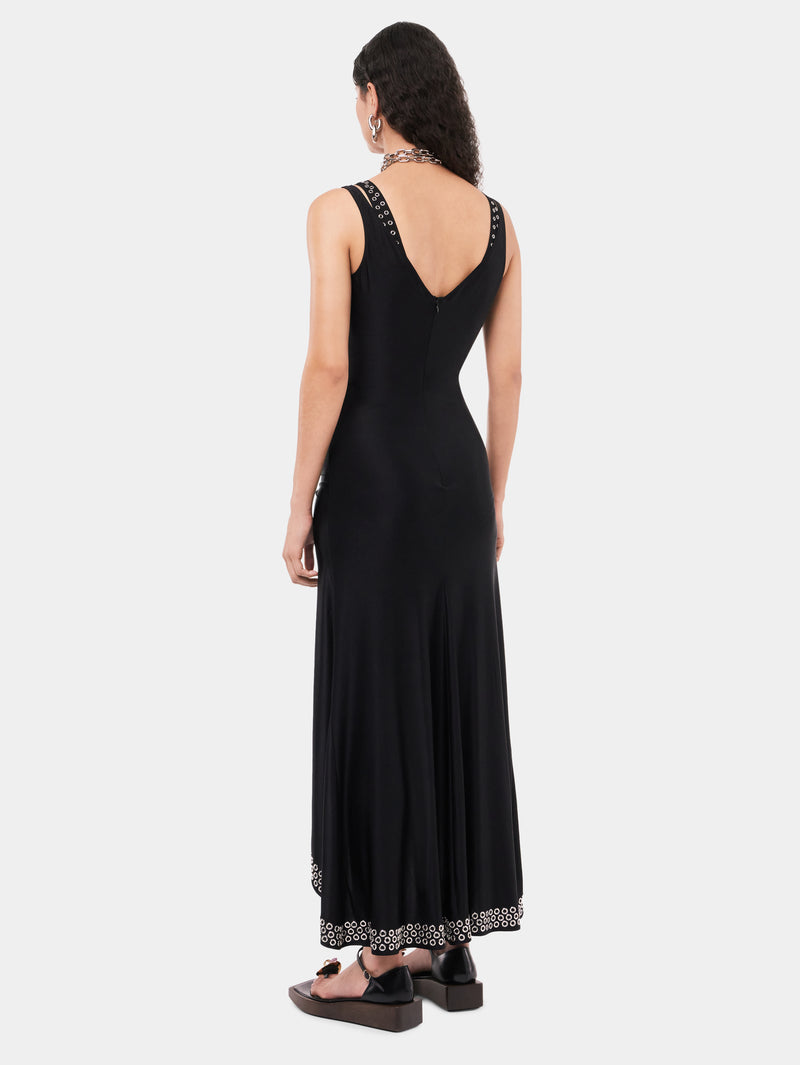 Long black dress with embroidered metallic eyelets