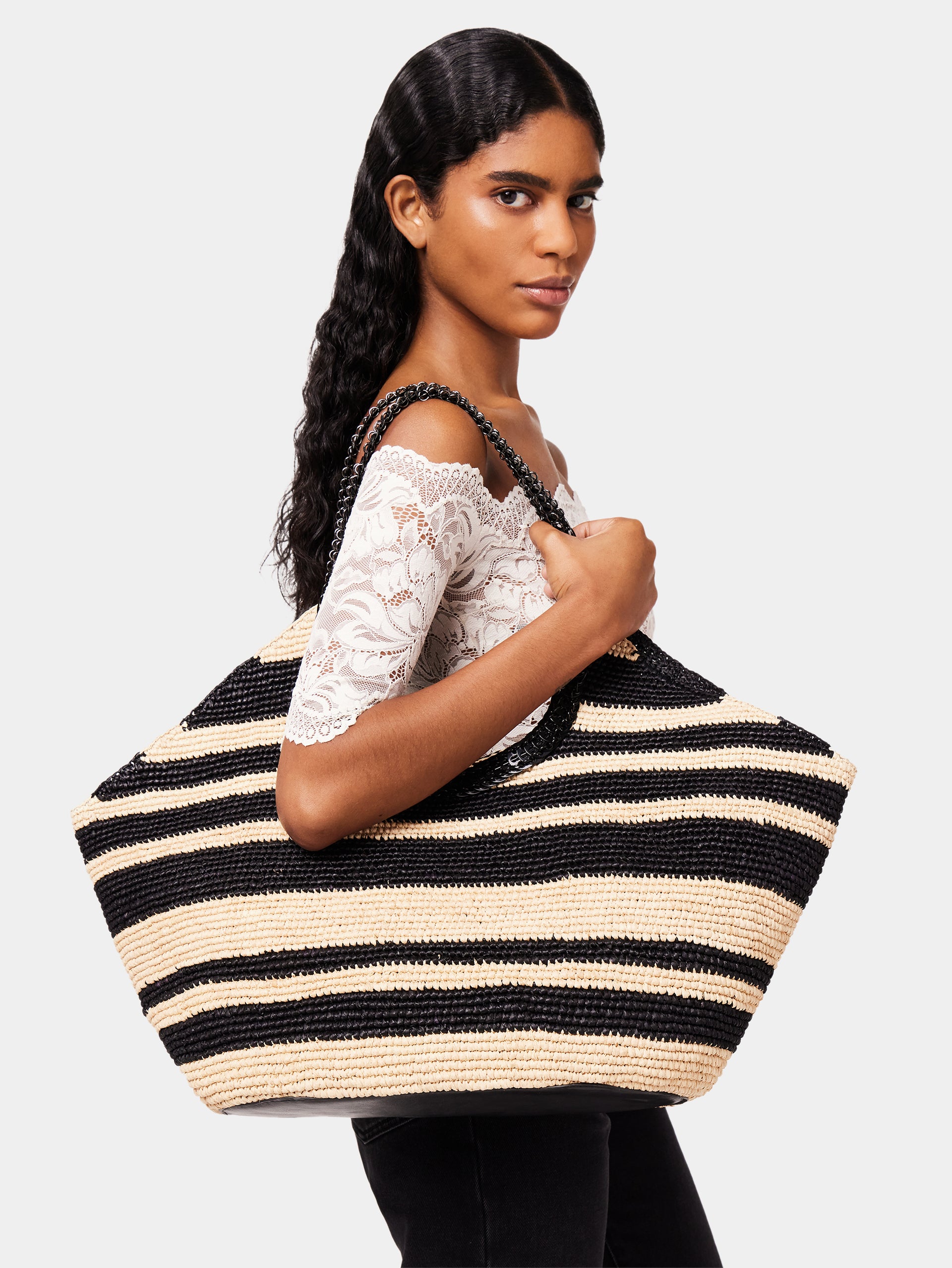 Striped raffia tote bag with 1969 discs details | Rabanne