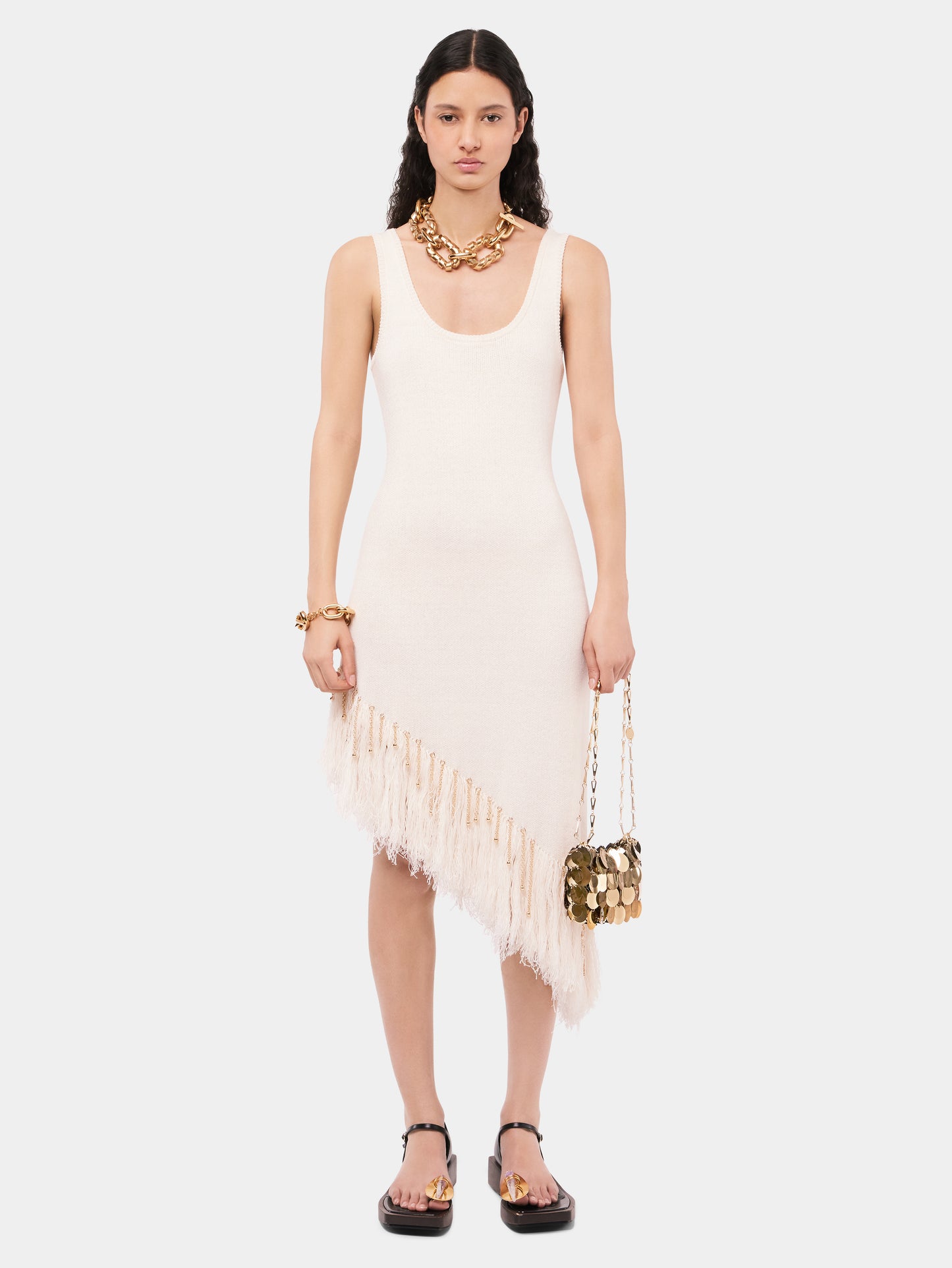 Asymmetrical off white woven dress with knitted beads and feathers