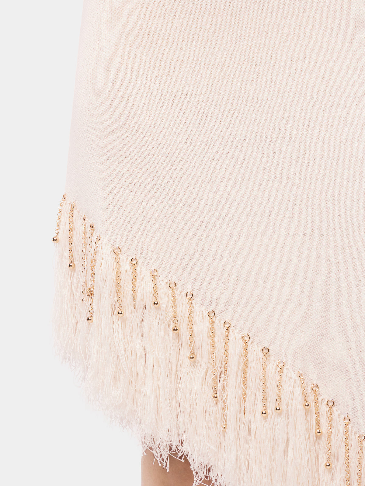 Asymmetrical off white woven dress with knitted beads and feathers