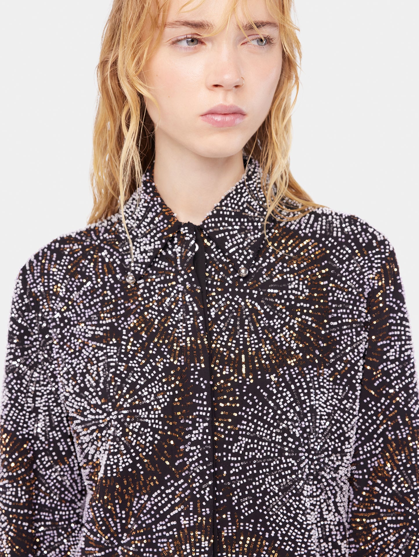Crepe shirt with pearl embroidery