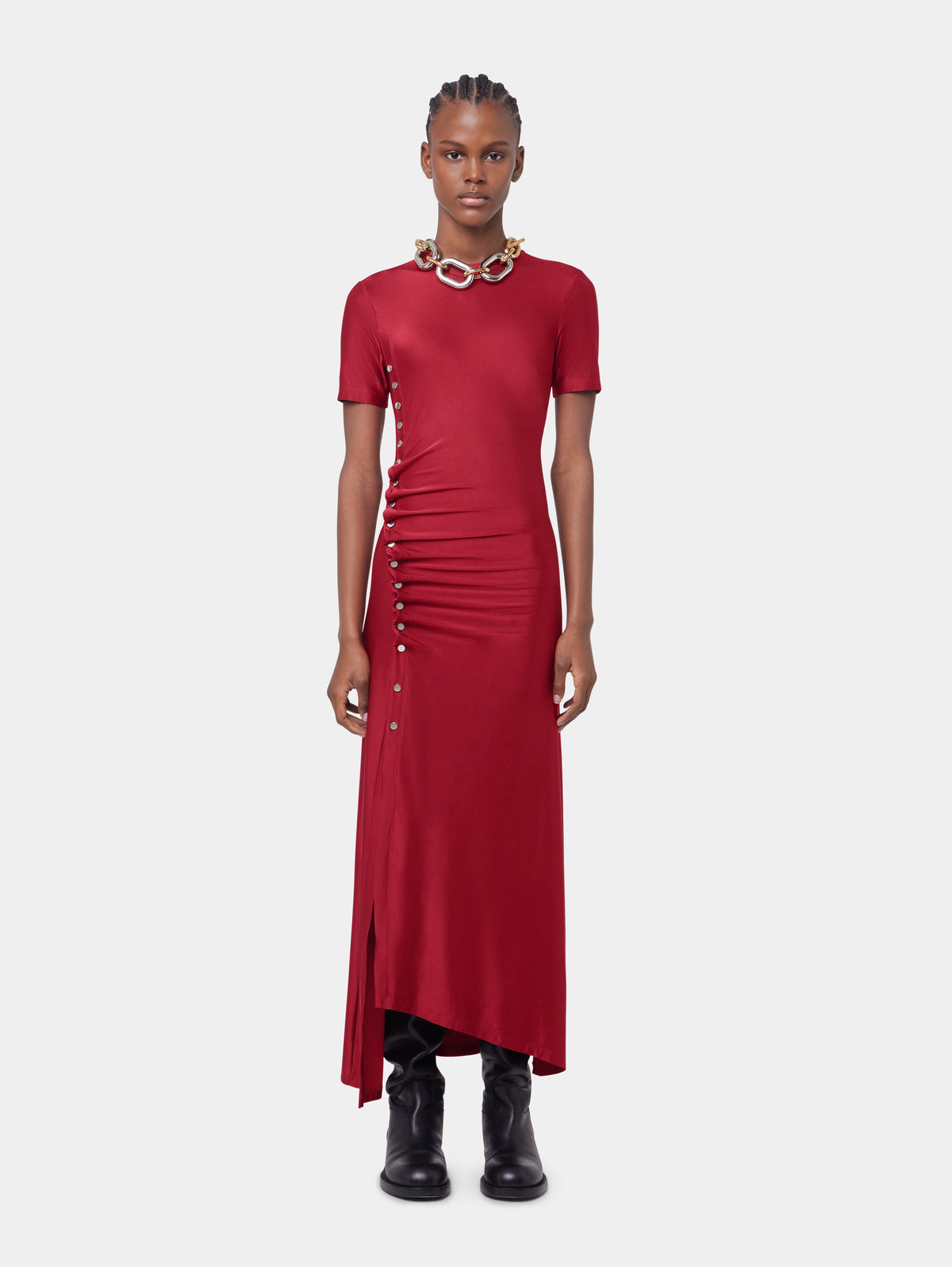 RED LONG DRAPED DRESS IN JERSEY position 2