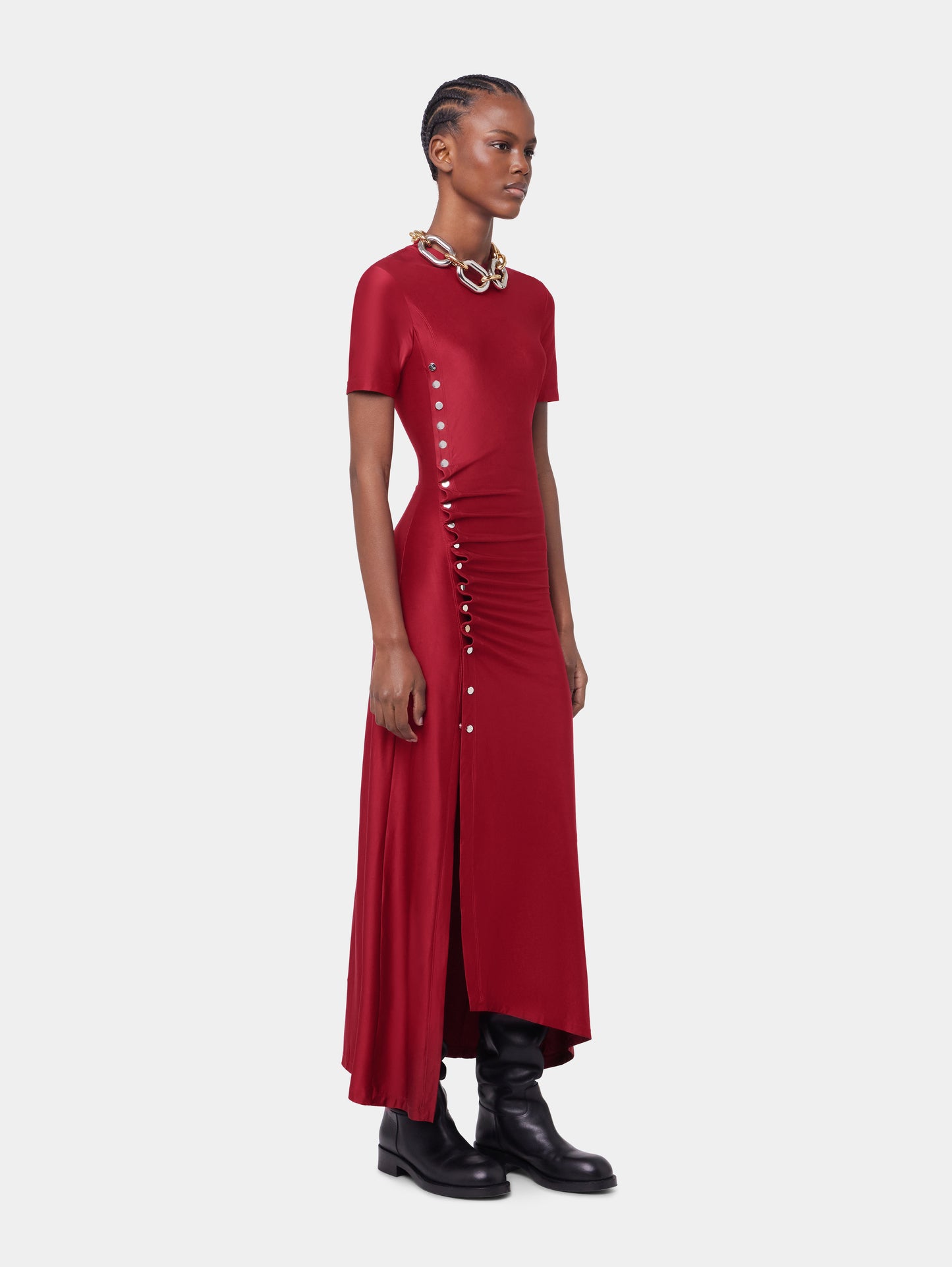 RED LONG DRAPED DRESS IN JERSEY position 3