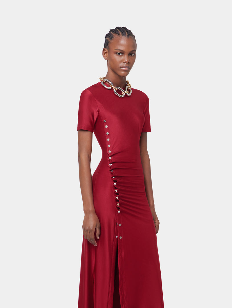 RED LONG DRAPED DRESS IN JERSEY