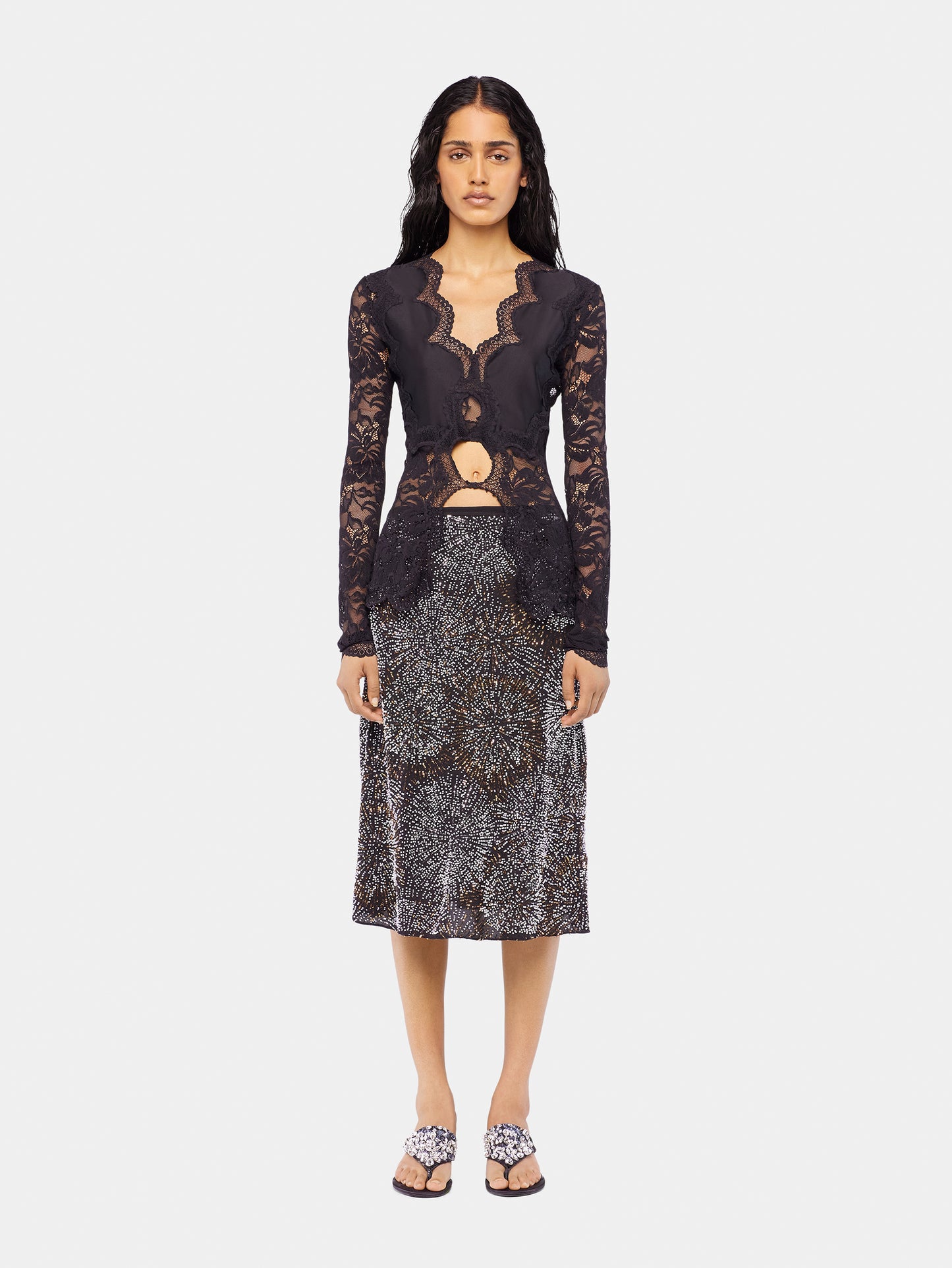 Crepe skirt with pearl embroidery