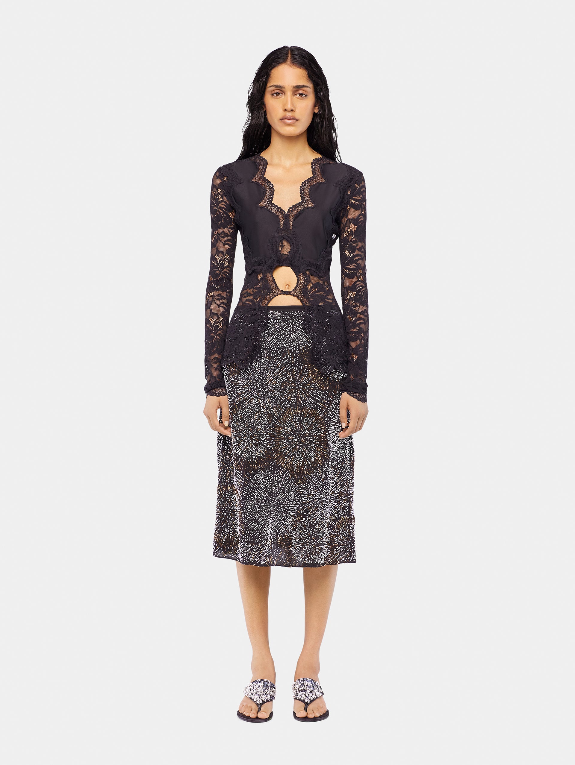 Crepe skirt with pearl embroidery