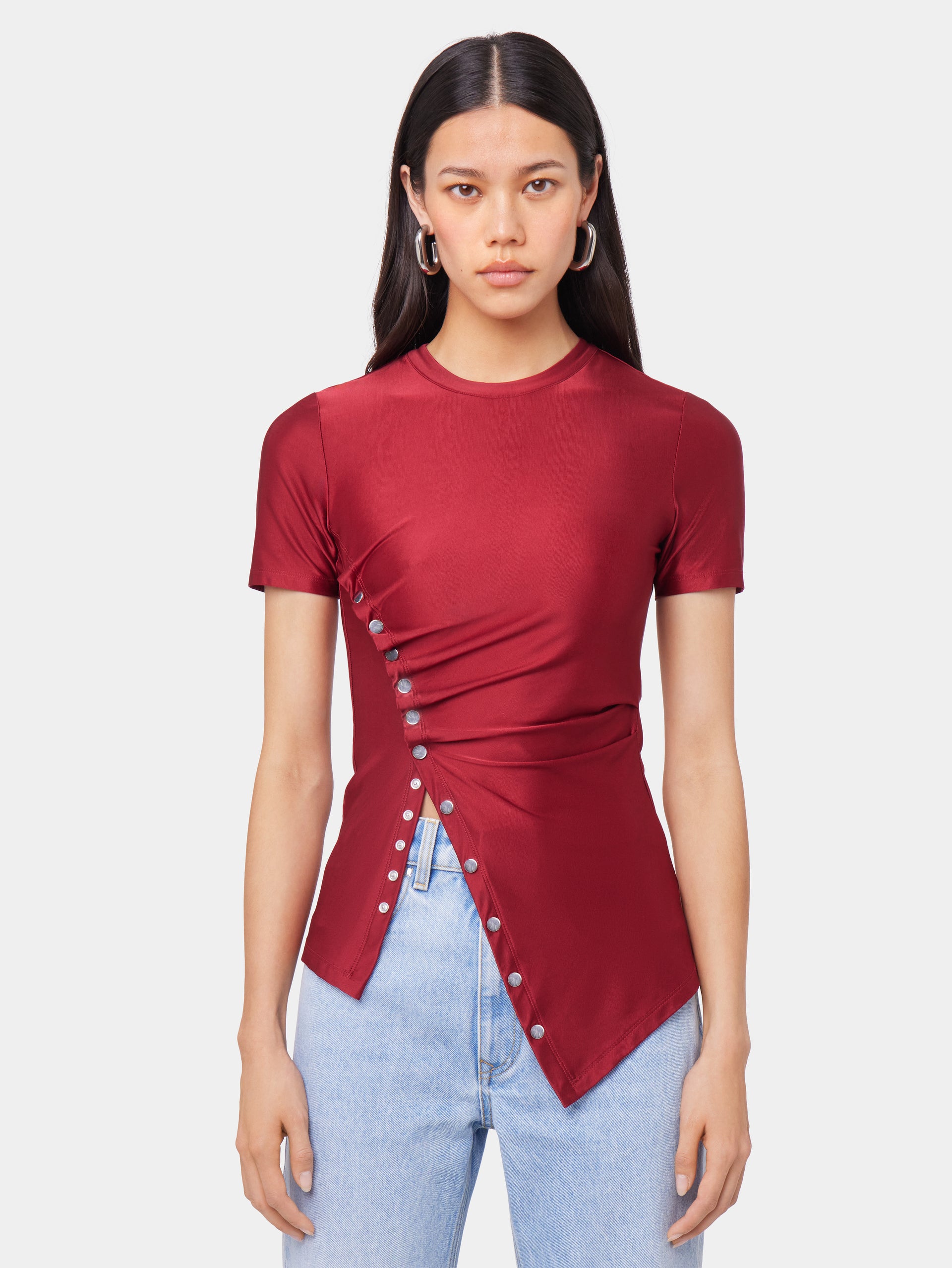 RED SHORT-SLEEVE DRAPED TOP IN JERSEY