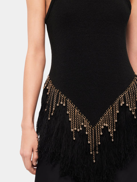 Black woven top with knitted beads and feathers