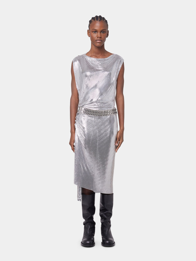 Silver drapé pression dress in chainmail