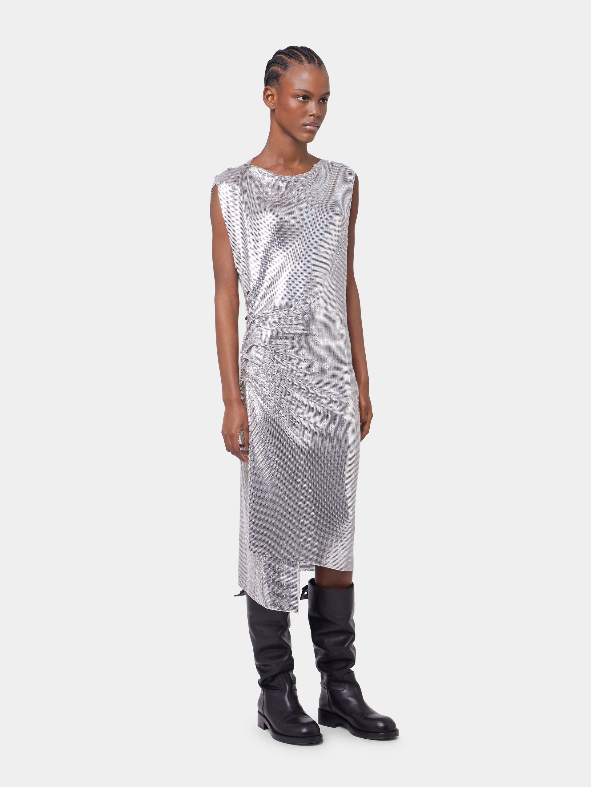 Silver drapé pression dress in chainmail