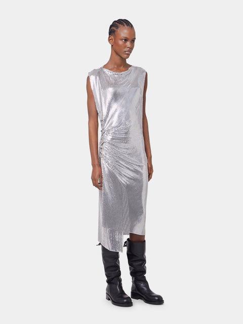 Silver drapé pression dress in chainmail