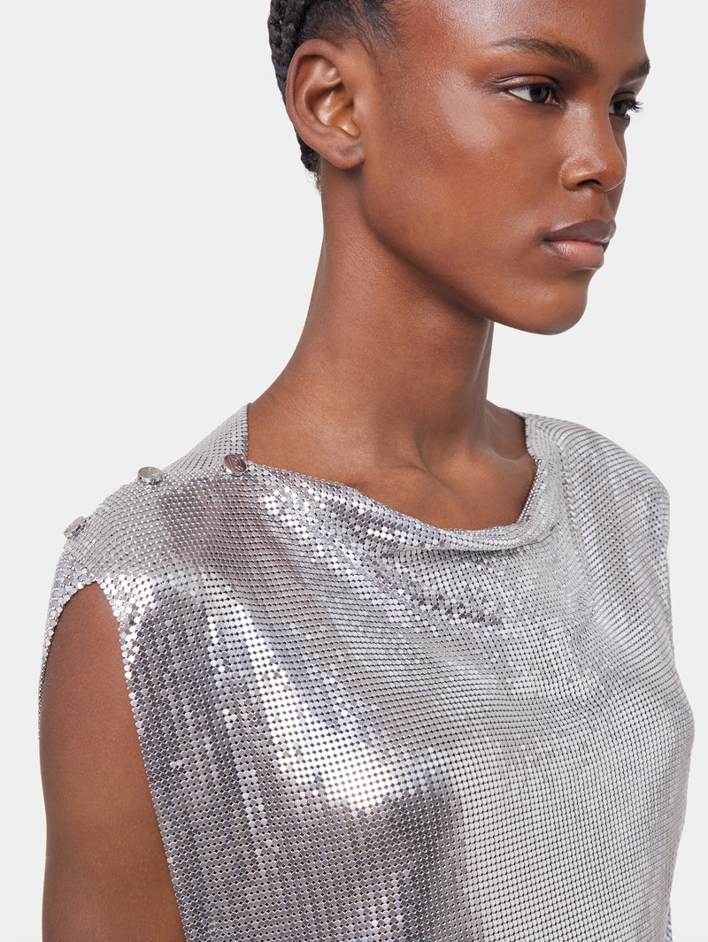 Silver drapé pression dress in chainmail