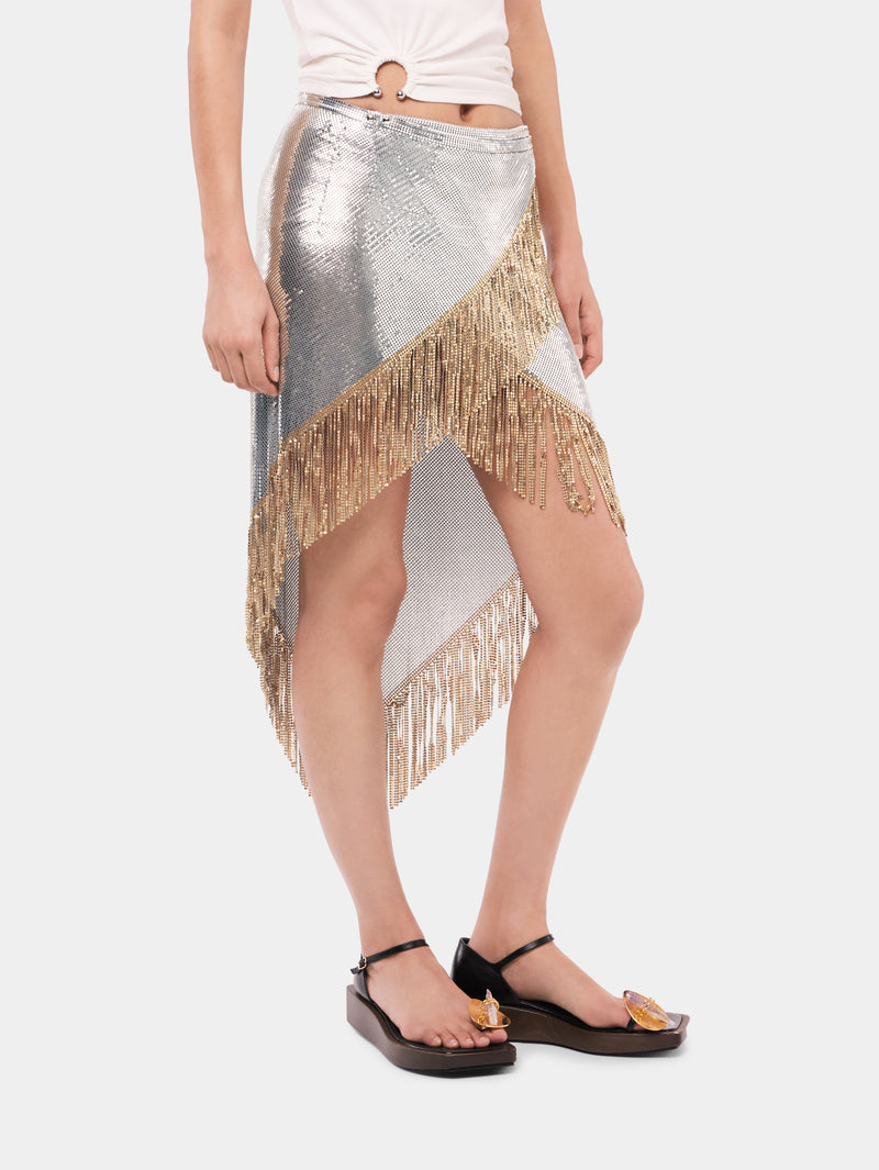 Asymetrical chainmail skirt with golden metalic fringes