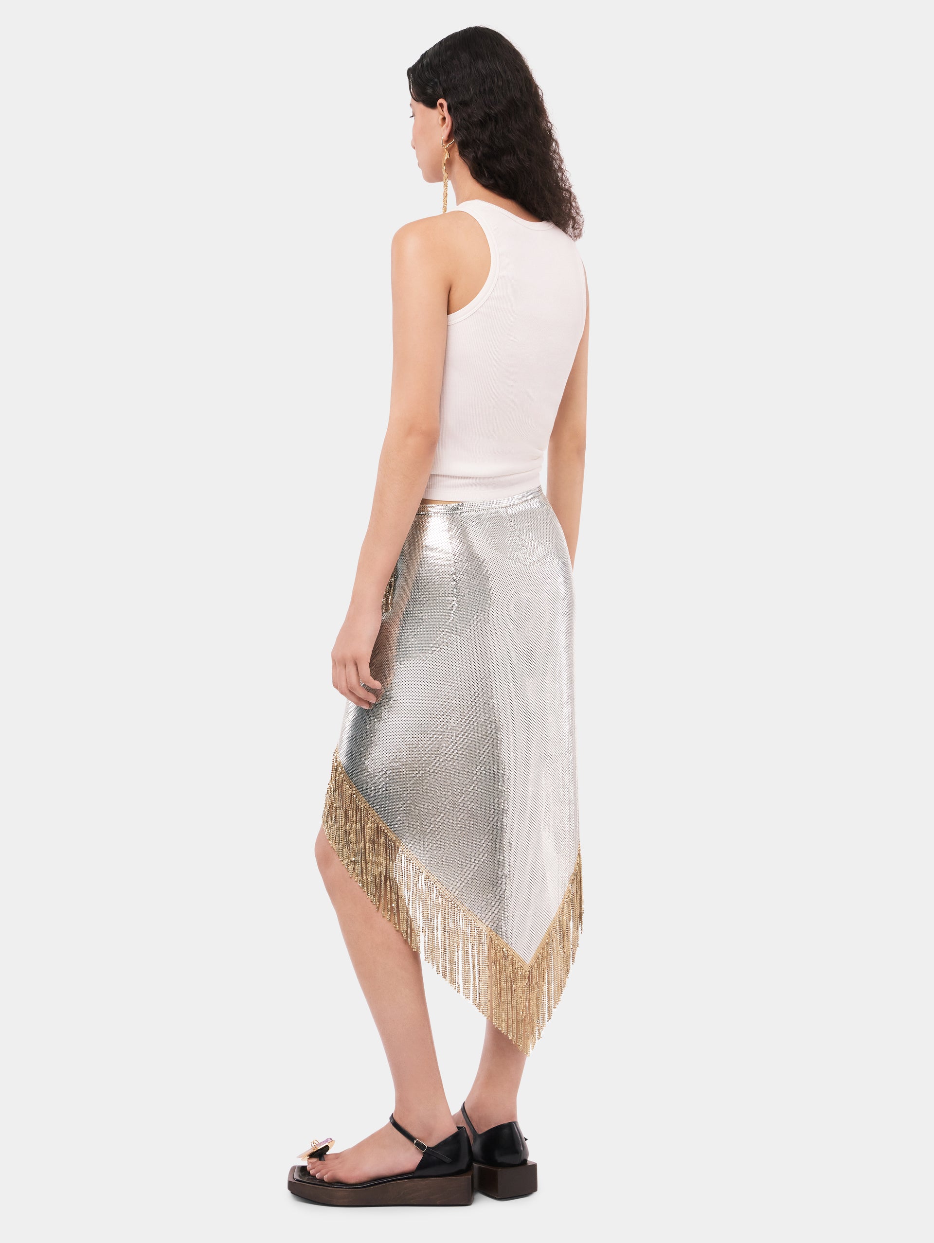 Asymetrical chainmail skirt with golden metalic fringes