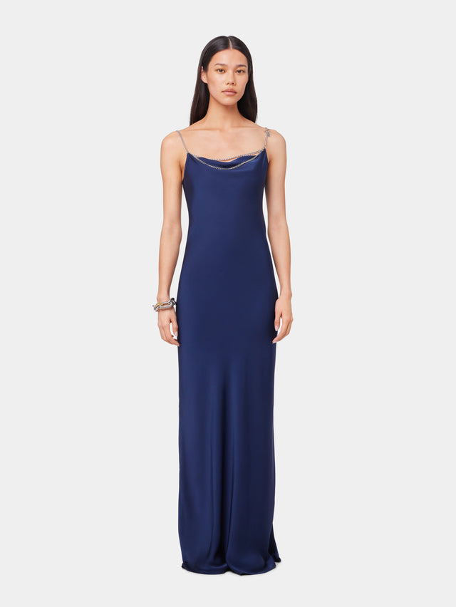 BLUE NAVY LONG SLEEVELESS DRESS IN SATIN