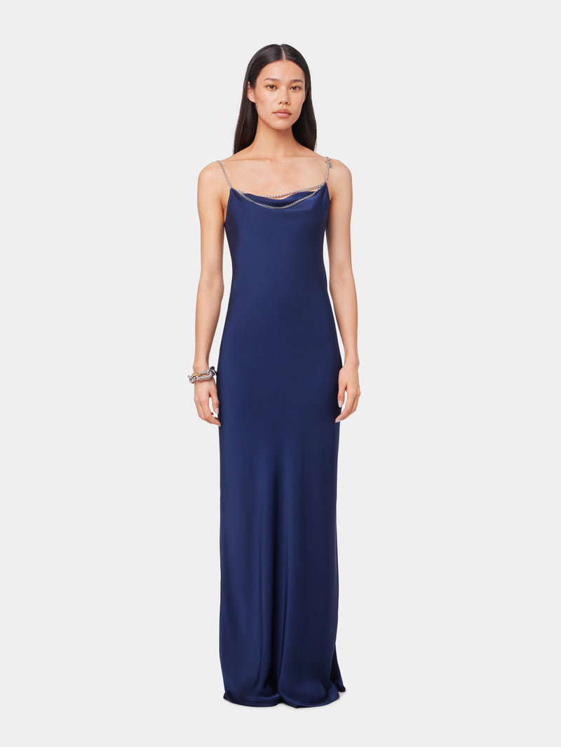 BLUE NAVY LONG SLEEVELESS DRESS IN SATIN