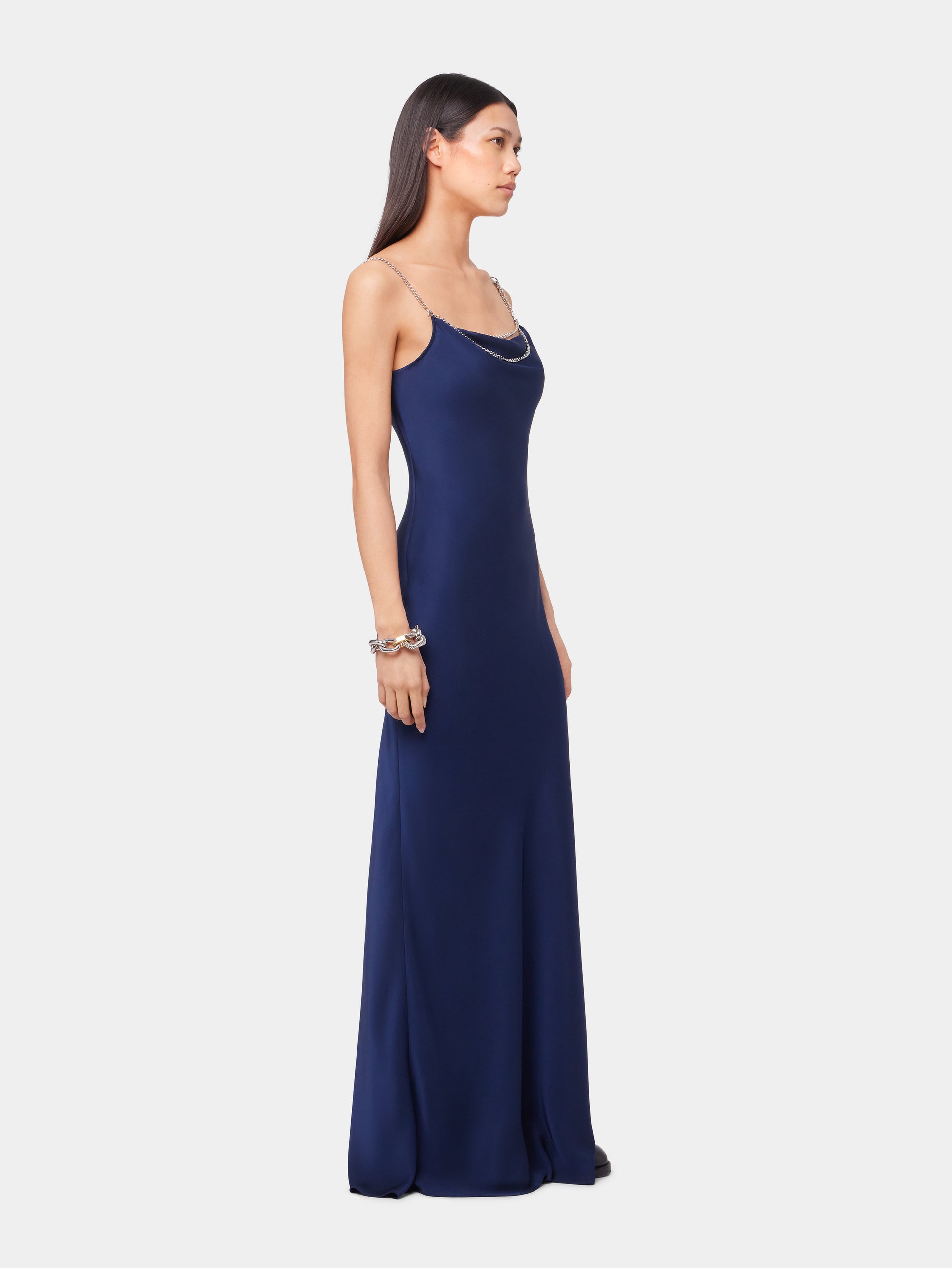 BLUE NAVY LONG SLEEVELESS DRESS IN SATIN