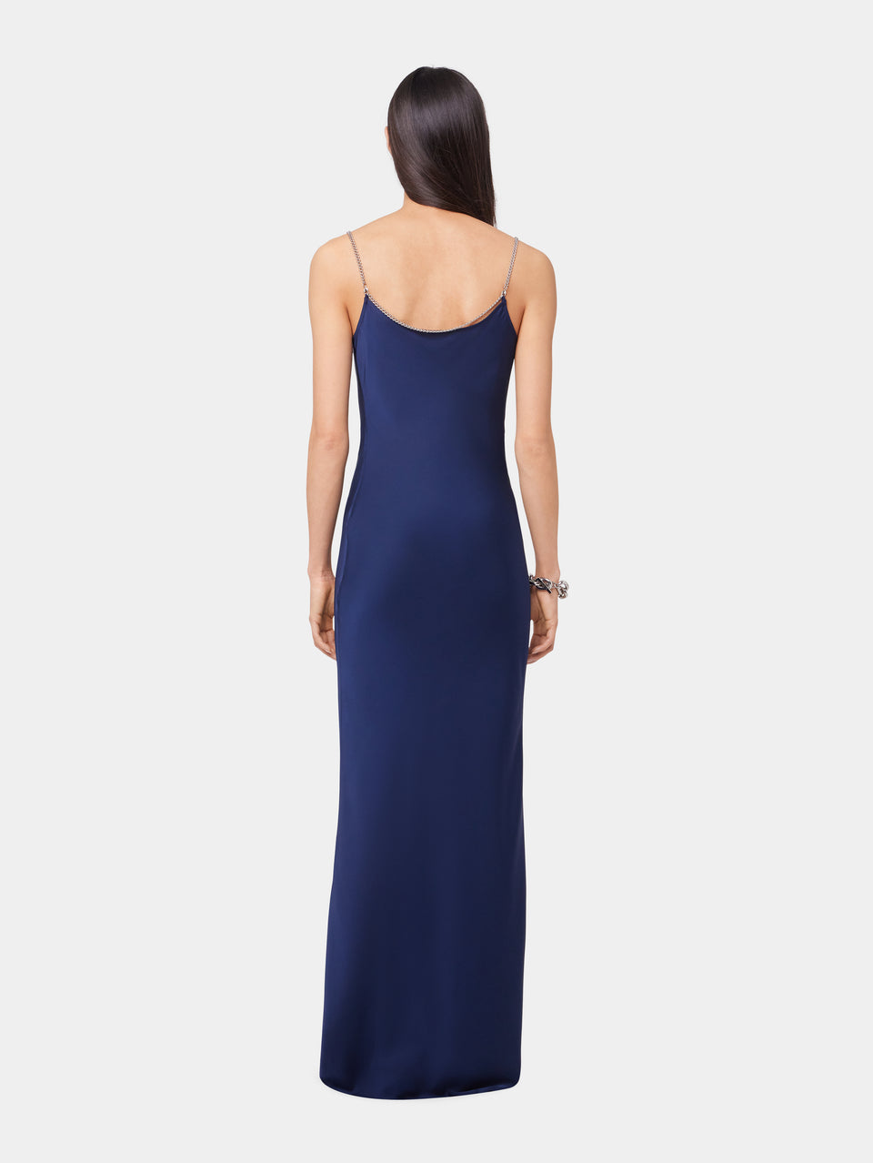 BLUE NAVY LONG SLEEVELESS DRESS IN SATIN